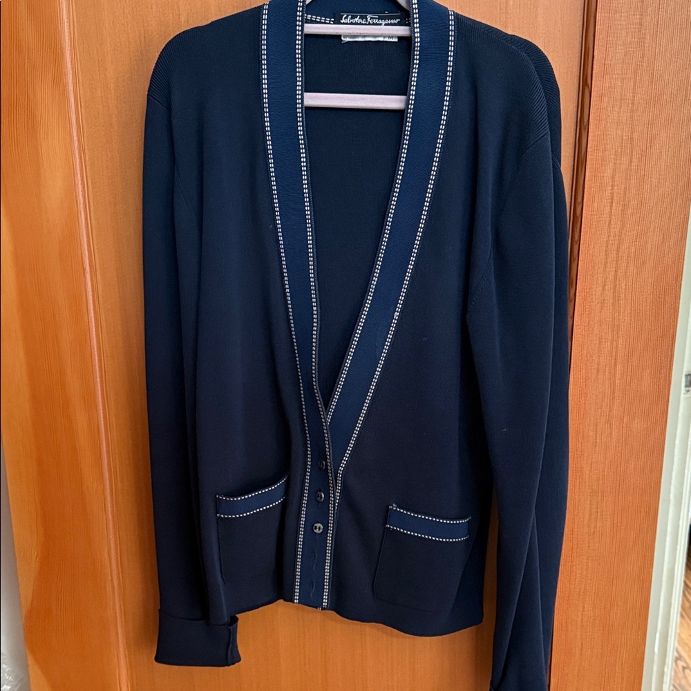 Salvatore Ferragamo Dark Blue Cardigan with Trim (Medium) Made in Italy